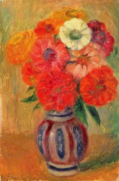 Zinnien in einer gestreiften blauen Vase von William James Glackens